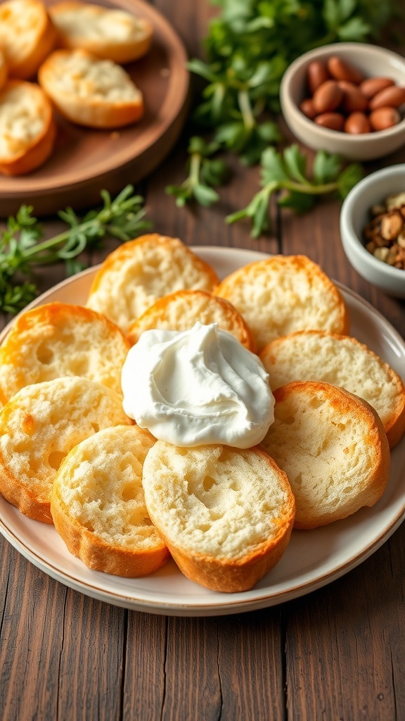 Fluffy Cloud Bread with Cream Cheese Recipe Fluffy cloud bread pieces with cream cheese spread on a rustic plate.